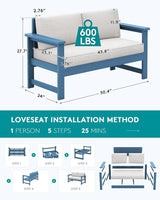 SERWALL HDPE Outdoor Loveseat with Cushions, All Weather Use Outdoor Loveseat Sofa, Blue Frame with Khaki Cushions - Photo 2