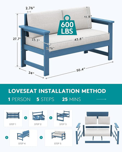 SERWALL HDPE Outdoor Loveseat with Cushions, All Weather Use Outdoor Loveseat Sofa, Blue Frame with Khaki Cushions