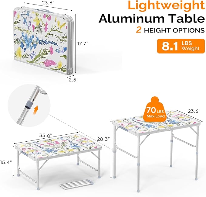 VINGLI 3FT Small Folding Camping Table Adjustable Height Aluminum Folding Table for Picnic Party BBQ, Plastic RV Suitcase Table Portable Lightweight Fold Up Utility Outdoor Tables