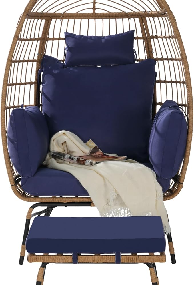 Oversized Wicker Egg Chair with Ottoman, Rattan Patio Egg Chair with Stand and Thick Cushions, Indoor Outdoor Lounge Chair for Backyard, Balcony, Living Room, Blue＋Ottoman
