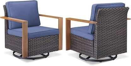 Outdoor Patio Swivel Rocker Chairs - 3 Piece Wicker Patio Furniture Bistro Set with 2 Swivel Rocking Chairs and 1 Metal Side Table,Thick Cushions,Deep Seating for Deck Porch Garden(Brown/Blue)