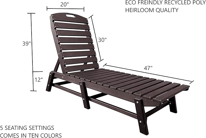 Phat Tommy Outdoor Pool Chaise Lounge, Heavy-Duty Beach Lounger - Folding, HDPE, Recycled Poly Furniture - Reclining Lounge Chair for Patio, Deck, Beach, Cabana, or Poolside, Brown