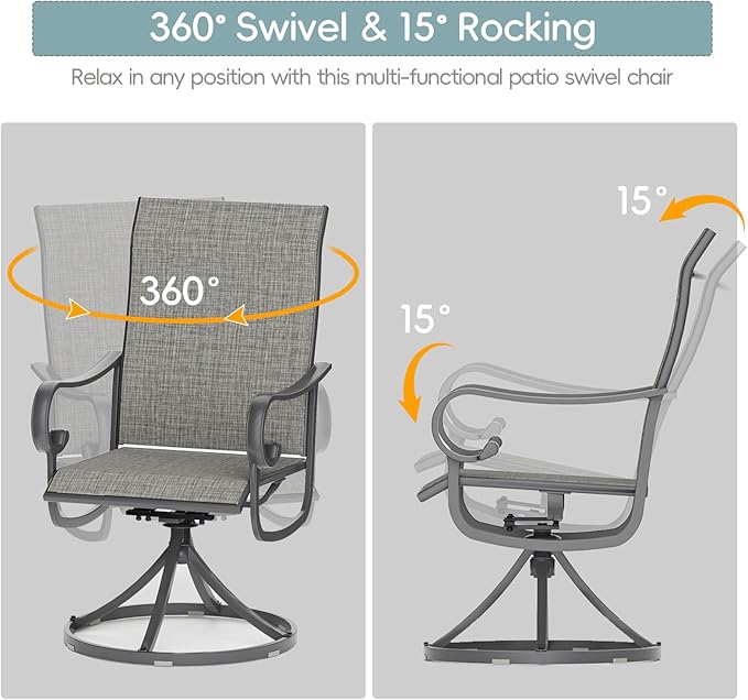 Patio Swivel Chairs Set of 6, Outdoor Dining Chairs with High Back, All-Weather Swivel Rocker Chair with Sturdy Metal Frame for Outdoor Poolside Lawn Garden, Grey