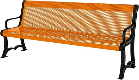 COATEDOUTDOORFURNITURE Coated Outdoor Furniture Heavy-Duty Outdoor Bench Thermoplastic Coated, Punched Steel, Commercial-Grade Garden Bench, Made in America (Portable with Back, 4 Ft, Orange)