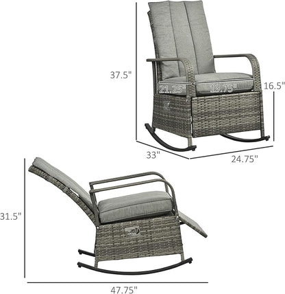 Outsunny Wicker Outdoor Rocking Chair, Patio Recliner with Adjustment Backrest, PE Rattan Lounge Chair with Adjustable Footrest and Cushions for Garden, Backyard, Porch, Gray