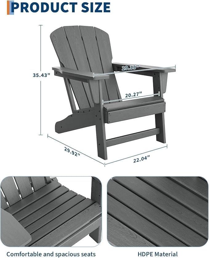 IDEALHOUSE Adirondack Chairs Set of 2, Fixed Non-Folding Design, HDPE Outdoor Chair, 380 LBS Weight Capacity, Wood Grain Texture Patio Lawn Garden Backyard Deck Poolside Furniture, Gray