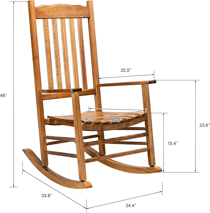Outdoor Wooden Rocking Chair for Poolside & Porch, Sturdy Construction Patio Chairs with 20.8" Wide Seat & Arm Rest, Perfect for Relaxing Balcony Backyard Easy Assembly, Wood Color
