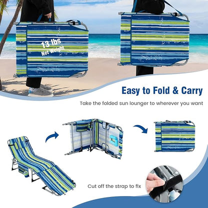 Tangkula Tanning Chair, Outdoor Folding Beach Lounge Chair with Face Hole, Adjustable Footrest, Removable Pillow, Storage Pocket, 5-Position Sunbathing Chair for Outside Beach (2, Blue Stripe)