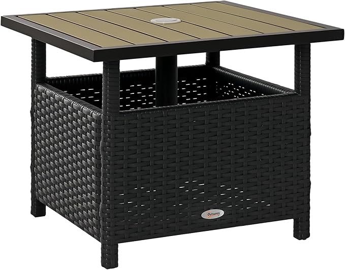 Outsunny 22" Outdoor Side Table with Umbrella Hole, Rattan Wicker End Table with Sand Bag and Steel Frame for Outdoor, Patio, Garden, Backyard, Black & Tan