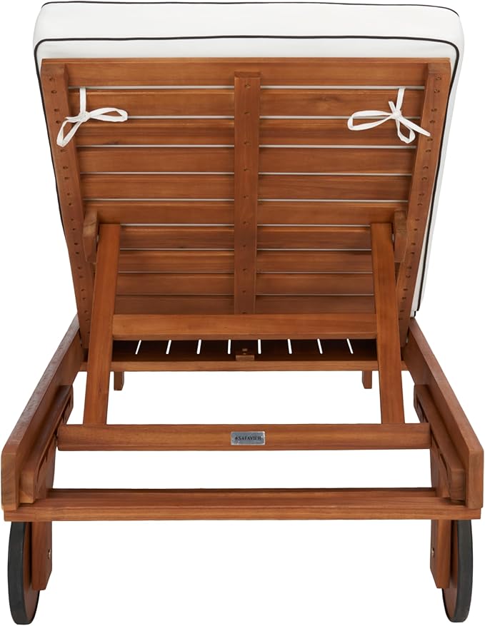 SAFAVIEH Outdoor Collection Newport Natural/Beige Cushion Black Piping Chaise Lounge Chair with Side Table