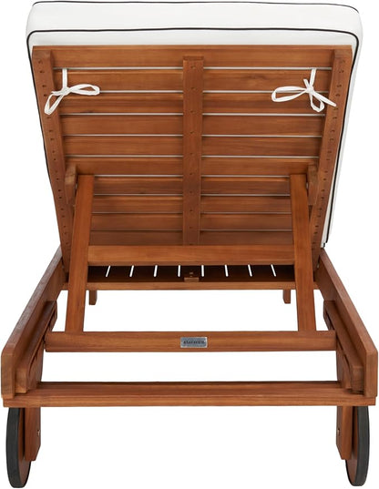 SAFAVIEH Outdoor Collection Newport Natural/Beige Cushion Black Piping Chaise Lounge Chair with Side Table