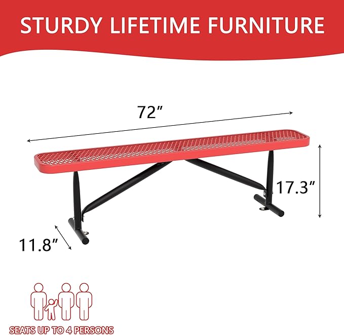 6 Ft Metal Park Benches for Outside, Outdoor Backless Bench with Thermoplastic Coating, Portable Frame, Commercial Expanded Metal Mesh Bench for Shopping Mall, Store, Park, Patio, Deck, Red