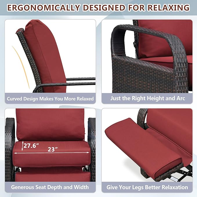 ATR ART TO REAL Outdoor Recliner, Set of 2 Wicker Reclining Chair with Coffee End Side Table, Aluminum Frame Patio Chaise Lounge Chairs with Thicken Cushions (Red)
