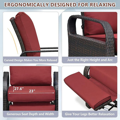 ATR ART TO REAL Outdoor Recliner, Set of 2 Wicker Reclining Chair with Coffee End Side Table, Aluminum Frame Patio Chaise Lounge Chairs with Thicken Cushions (Red)