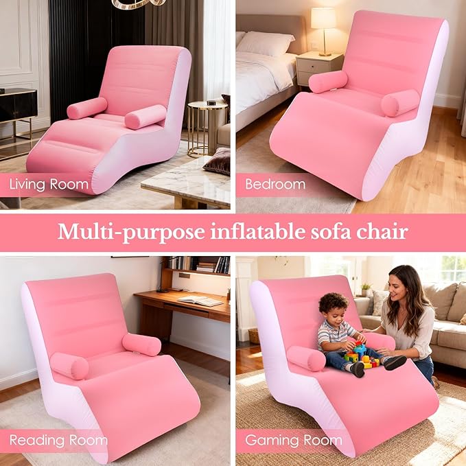 STARBRILLIANT Inflatable Deck Chair with Air Pump, Foldable Lounge Chair for Bedroom and Living Room, Indoor Sofa Lounge with Handrails(Pink)