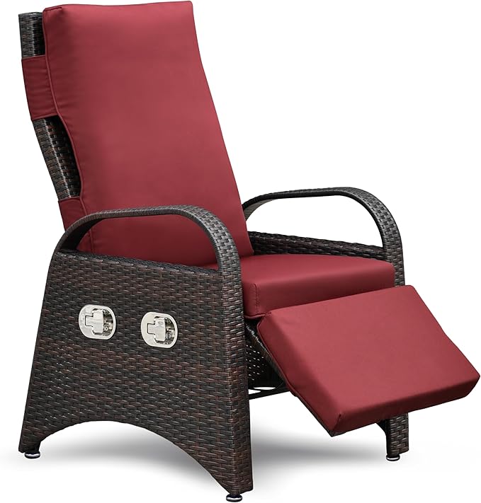 ATR ART TO REAL Outdoor Recliner Chairs, PE Wicker Reclining Lounge Chair with Removable Soft Cushion, Adjustable Outside Recliners for Patio, Porch, Poolside, Balcony, Lawn (Red, 1 PC)