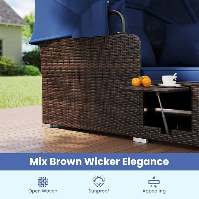 Tangkula Patio Rattan Daybed with Retractable Canopy, Outdoor Wicker Sunbed with 2 Foldable Side Tables - Photo 7