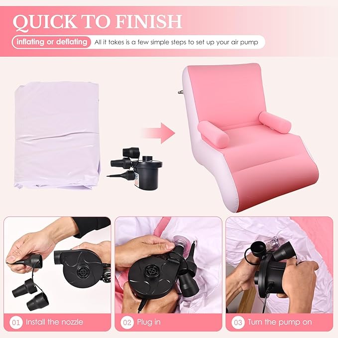 STARBRILLIANT Inflatable Deck Chair with Air Pump, Foldable Lounge Chair for Bedroom and Living Room, Indoor Sofa Lounge with Handrails(Pink)