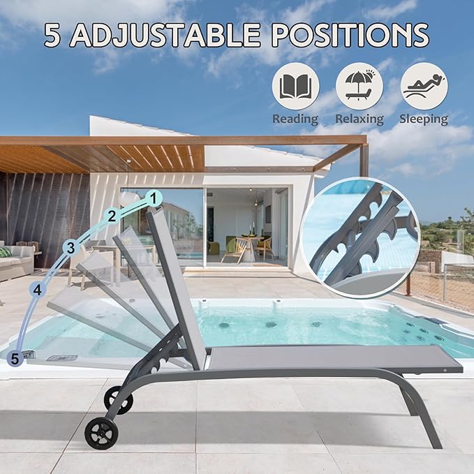 Domi Pool Lounge Chairs Set of 2, Adjustable Aluminum Outdoor Chaise Lounge with Wheels Patio Lounge Chairs - Photo 4