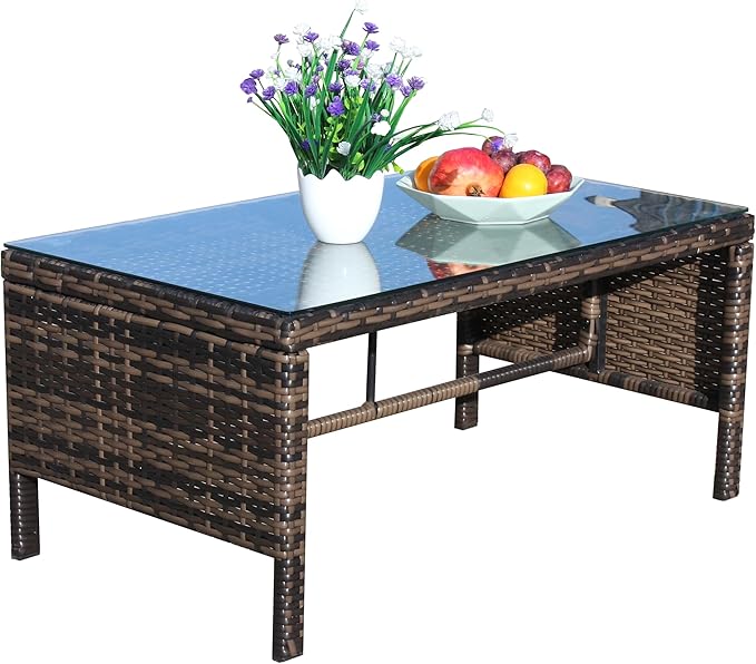 Rattan Wicker Side Table Glass Coffee Table for Outdoor Backyard Lawn Balcony Pool RectangleTempered Glass Top Wicker Rattan End Table Furniture with Storage (Brown3)