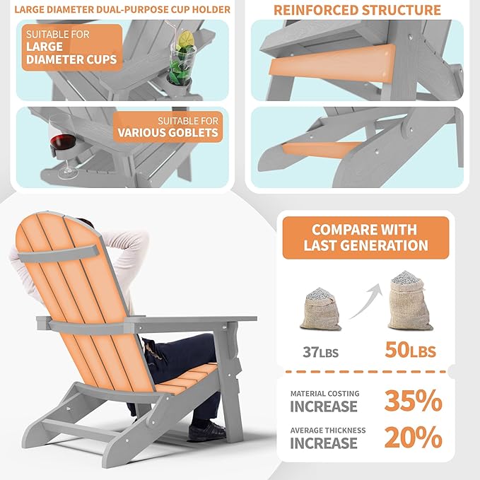 YEFU Adirondack Chair, Foldable Oversized Plastic Adirondack Chair Set of 4 with Cup Holder, Patio Chair with Weather Resistant for Outside Deck Lawn, Weight Capacity Up to 400 Lbs –Grey