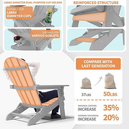 YEFU Adirondack Chair Set of 2, Folding Oversized Plastic Adirondack Chair with Cup Holder, Lawn Chair with Weather Resistant for Outdoor Deck Garden, Weight Capacity Up to 400 Lbs–Grey