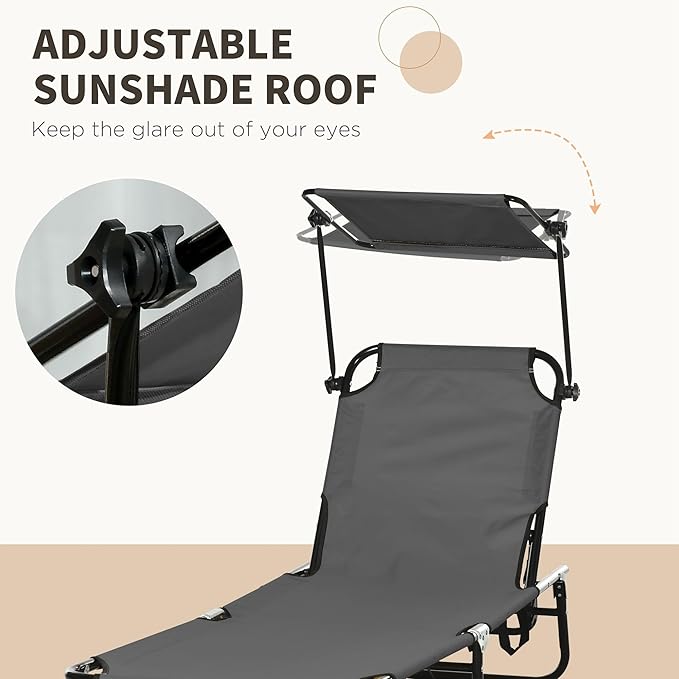 Outsunny Folding Chaise Lounge Pool Lounge Chairs Set of 2, Outdoor Sun Tanning Chairs with Canopy Shade, Reclining Back - Photo 5