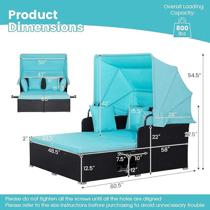 RELAX4LIFE Patio Outdoor Daybed with Canopy, Wicker Sunbed w/Cushions, 4 Pillows & 2 Retractable Side Trays, 2-Person Lounge Bed Conversation for Poolside Porch Garden, Rattan Outdoor Bed (Turquoise)