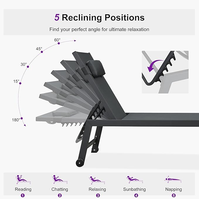 PURPLE LEAF Outdoor Oversized Lounge Chair Set of 3 Patio Chaise Pool Lounger Aluminum Frame with Side Table and Wheels for Outside Sunbathing Tanning Recliner Including Pillows Gray