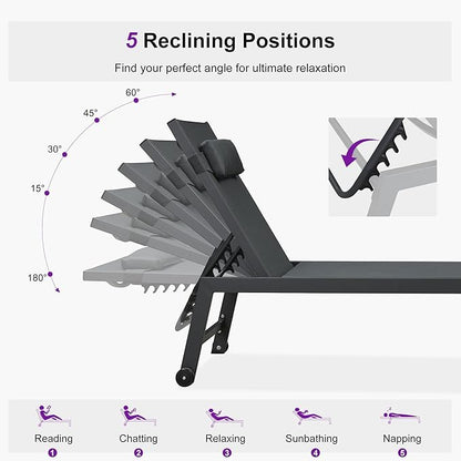 PURPLE LEAF Outdoor Oversized Lounge Chair Set of 3 Patio Chaise Pool Lounger Aluminum Frame with Side Table and Wheels for Outside Sunbathing Tanning Recliner Including Pillows Gray