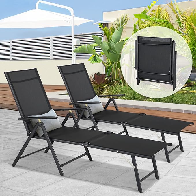 Esright Outdoor Chaise Lounge Set of 2, Adjustable Reclining Folding Pool Lounger for Poolside, Outside/330lb Weight Capacity, Black