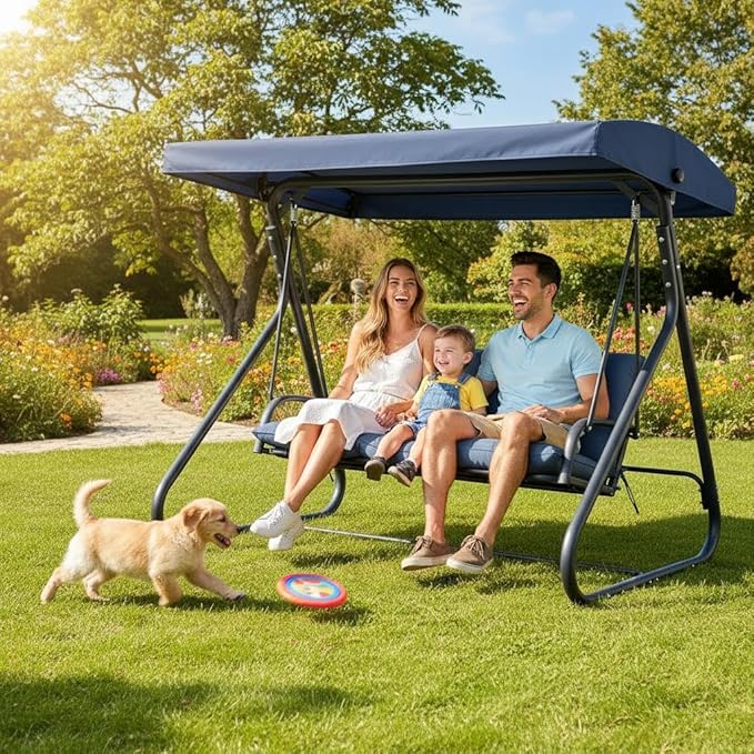 3-Seat Outdoor Convertible Swing Glider with Adjustable Canopy, 2-in-1 Bench to Flat Bed, Removable Cushions - Photo 8