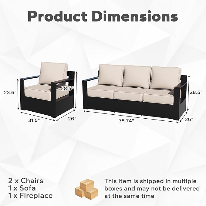 Outdoor Aluminum Furniture Set, 4-Piece Patio Conversation Set, 2 Chairs, 1 Sofa and 1 Fireplace - Photo 2