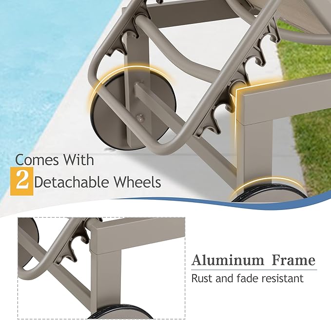 QAQA 4 PCS Outdoor Chaise Lounge with Wheels, Aluminum Patio Lounge Chairs with 5 Adjustable Positions for Poolside - Photo 5