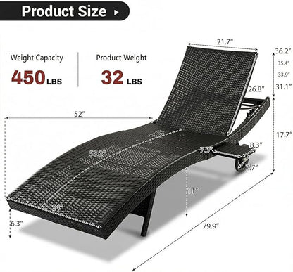 Wicker Outdoor Lounge Chairs with Rolling Wheels, Pool Lounge Chairs Set of 6, Rattan Outdoor Lounger with Pull Out Side Table, Adjustable Backrest Patio Chaise Lounges, Dark Brown