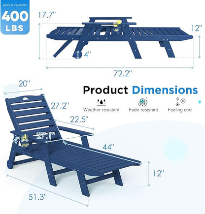 nalone Outdoor Chaise Lounge Chair Set of 2 with Wheels & Cup Holder, HDPE Pool Lounge Chairs with 5-Position Adjustable Backrest Supports Up to 400 LBS for Patio Poolside Deck Beach(Navy Blue)