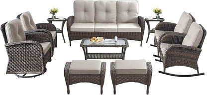 10-Piece Patio Furniture Set-Patio Rocking Chairs Set of 4 Outdoor Rattan Sofa Sets with Coffee Table Outdoor Patio Furniture Sets for Deck Porch Garden Balcony Poolside-Brown/Beige