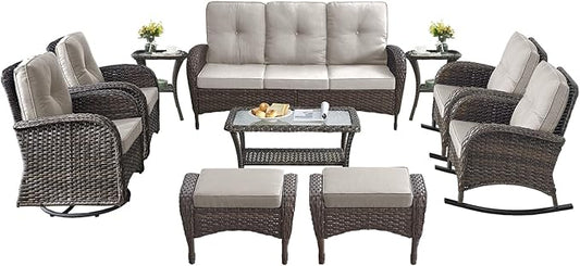 10-Piece Patio Furniture Set-Patio Rocking Chairs Set of 4 Outdoor Rattan Sofa Sets with Coffee Table Outdoor Patio Furniture Sets for Deck Porch Garden Balcony Poolside-Brown/Beige