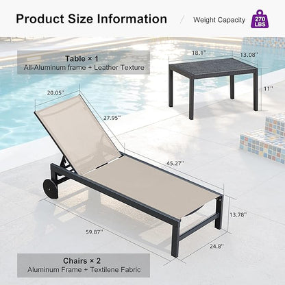 PURPLE LEAF Outdoor Chaise Lounge with Wheels for Outside 4 Pieces Aluminum Patio Lounge Chair with 5 Adjustable Position Recliner for Patio, Beach, Yard, Pool, Side Table Included, Beige