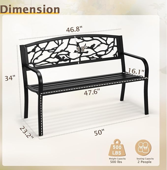 VINGLI 50" Outdoor Bench with PVC Magpie Backrest, Black Metal Patio Bench, Heavy-Duty Iron Garden Benches for Yard, Lawn, Porch, Pathway
