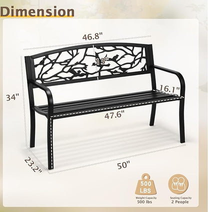 VINGLI Outdoor Bench for Patio Metal Garden Bench w/PVC Back Pattern, Black Park Benches Front Porch Benches for Yard Lawn Decor Deck Entryway (Black-Bird)