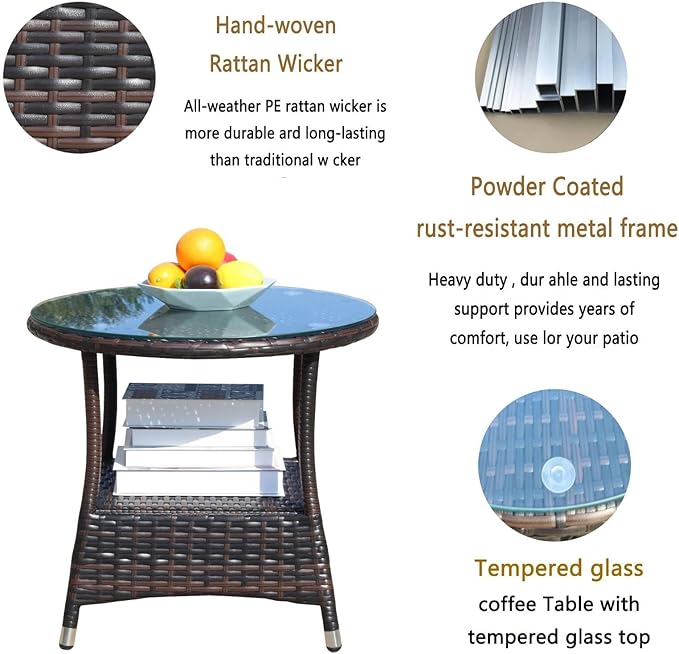 Outdoor Wicker Side Table with Glass Top, 21" Round Patio End Table, All-Weather PE Rattan Coffee Table for Garden, Balcony, Poolside, 120lbs Capacity, Easy Assembly