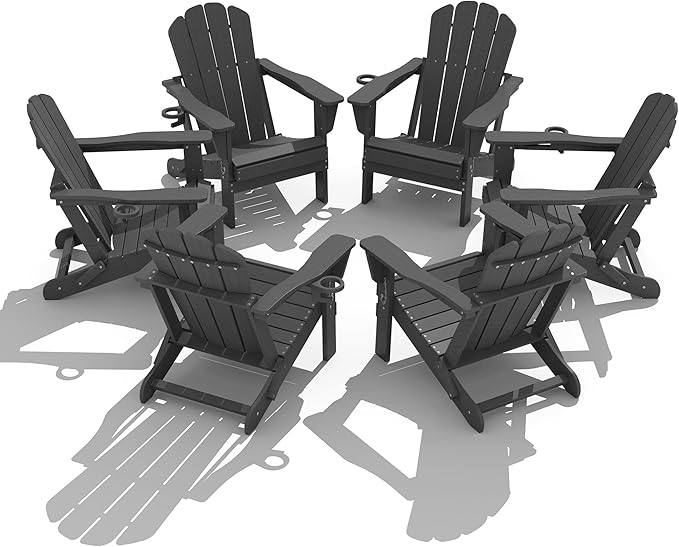 Domi Folding Adirondack Chair Set of 6, HDPE All-Weather Adirondack Chairs with Cup Holder, Outdoor Plastic Fire Pit Chairs Wood Texture for Poolside, Patio, Backyard, Deck (Grey)
