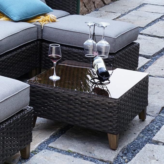 Grand patio Outdoor Coffee Table Wicker Patio Side Table Wicker Patio Table Furniture Conversation Set with Glass Top