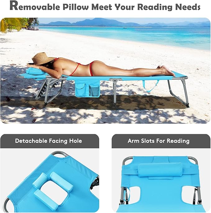 Goplus Tanning Chair with Face Hole, Foldable Adjustable Beach Chaise Lounger w/Arm Hole - Photo 2