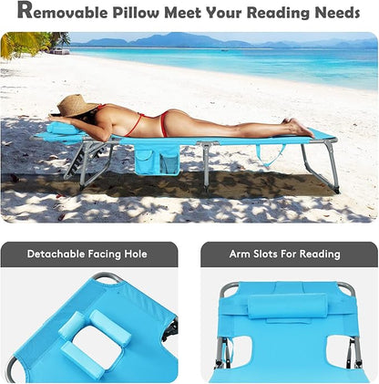 Goplus Tanning Chair with Face Hole, Foldable Adjustable Beach Chaise Lounger w/Arm Hole, Removable Pillow and Side Pocket, Portable Outdoor Patio Lounge Chair for Pool Camping