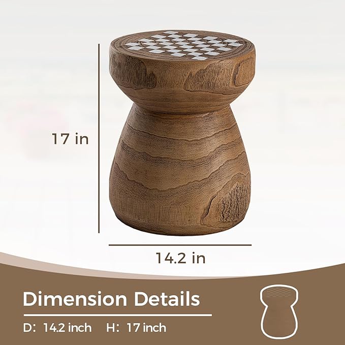 COSIEST Outdoor Side Table w Chessboard, 14''Concrete Faux Wooden Garden Stool - Photo 2