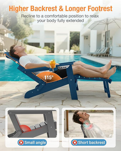 YEFU Adirondack Chair with Retractable Ottoman: Folding Adirondack Chairs Set of 2-5-Level Adjustable Backrest with Footrest - Fire Pit Chairs - 2 Cup Holder - Outdoor Plastic Chair for Patio(Navy)