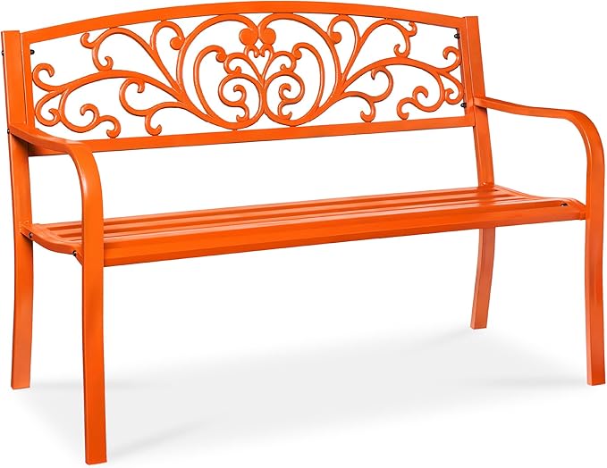 Best Choice Products Outdoor Bench Steel Garden Patio Porch Furniture for Lawn, Park, Deck w/Floral Design Backrest - Photo 1