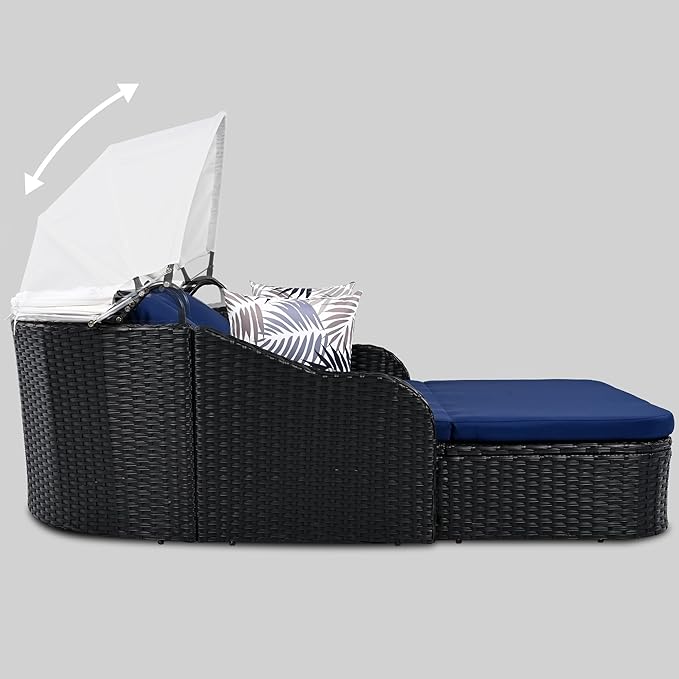 LUMISOL Outdoor Daybed with Retractable Canopy, PE Rattan Sunbed with Cushions, Double Lounge for Patio, Garden, Poolside, Black Wicker and Blue Cushion
